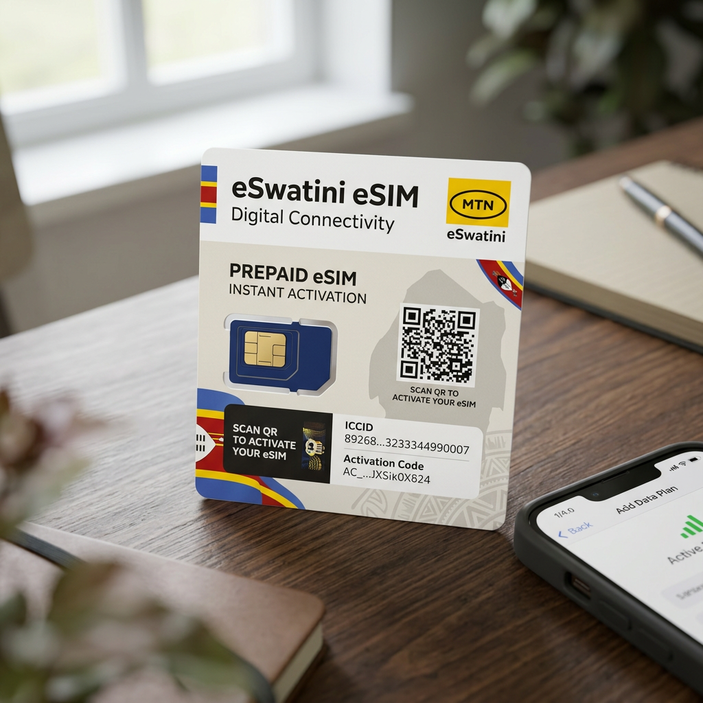 MTN eSwatini prepaid eSIM card with QR code for instant activation