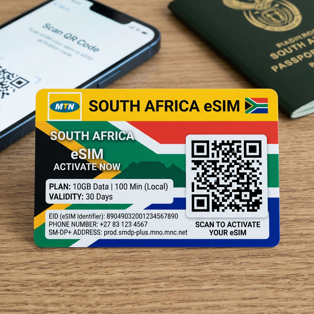 MTN South Africa eSIM card with QR code, data plan details, and activation instructions