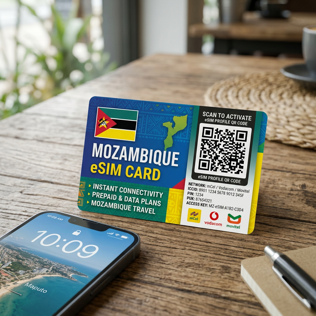 Mozambique eSIM card with QR code for network activation and travel data plans