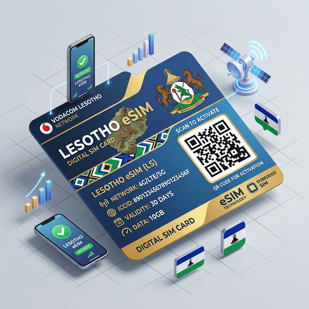 Lesotho eSIM digital SIM card with QR code, network info, and activation instructions