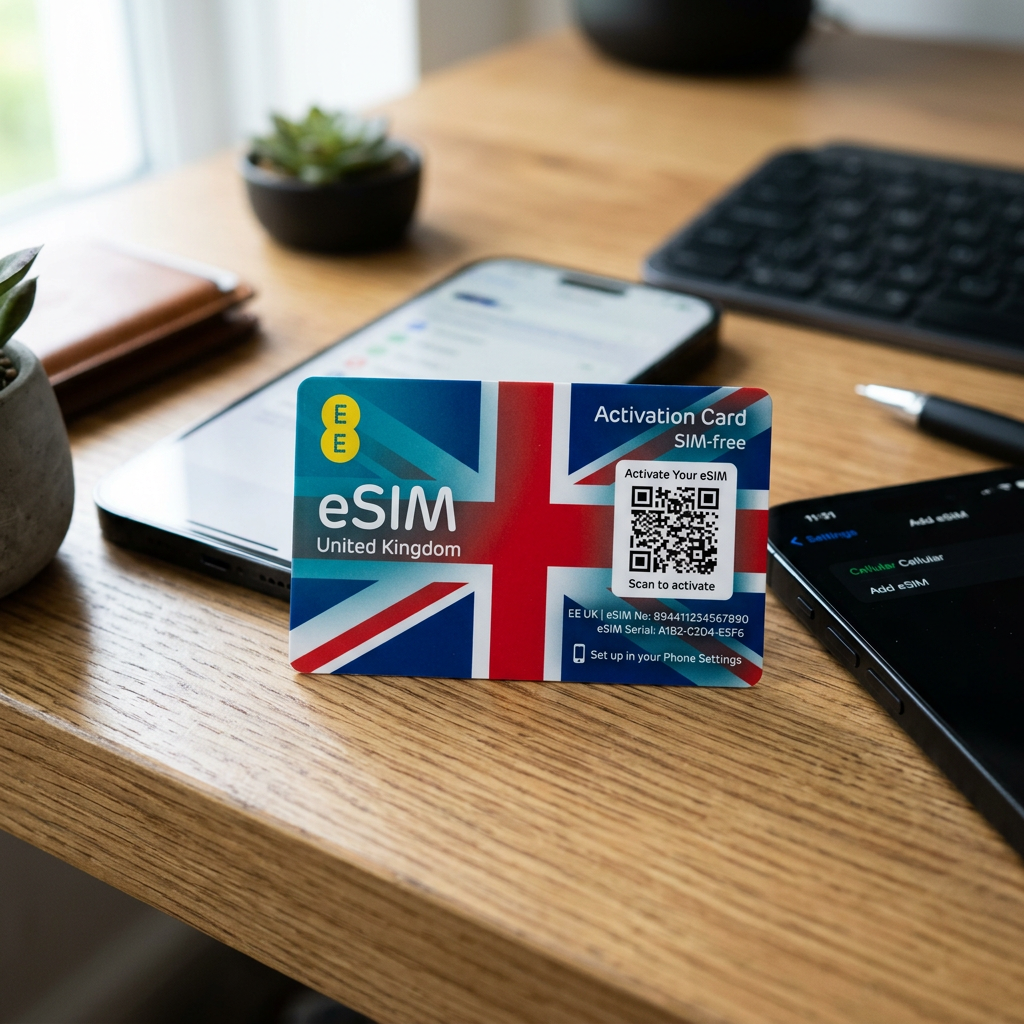 EE eSIM activation card with UK flag and QR code on wooden desk