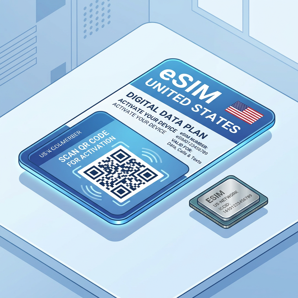 US eSIM digital data plan card with QR code and eSIM chip