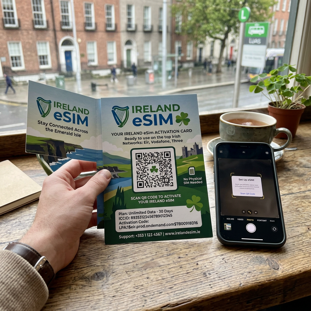 Hand holding Ireland eSIM activation card with QR code next to phone scanning it, coffee cup on table