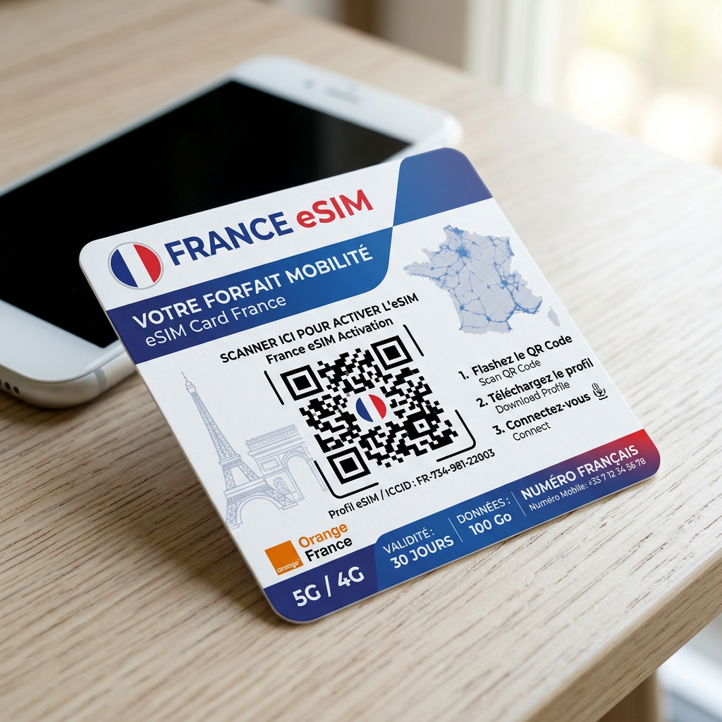 France eSIM card with QR code, map of France, and mobile plan details