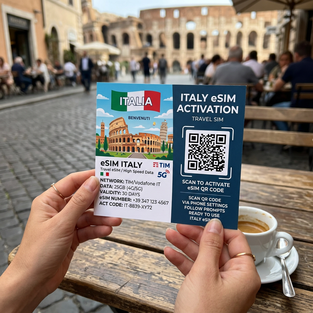 Italy eSIM activation card with QR code and travel data details held in front of a Roman street scene