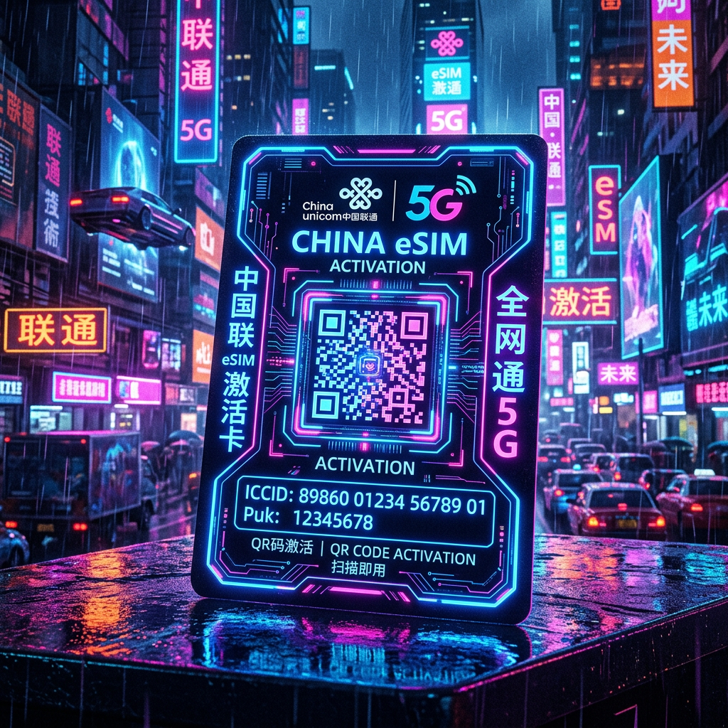 China Unicom 5G eSIM activation card with QR code and network details glowing in neon lights