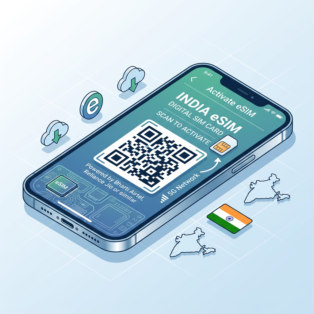 Smartphone displaying India eSIM activation screen with QR code and 5G network indication