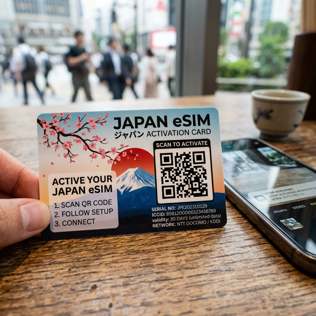 Japan eSIM activation card with QR code, Mt. Fuji image, and activation steps