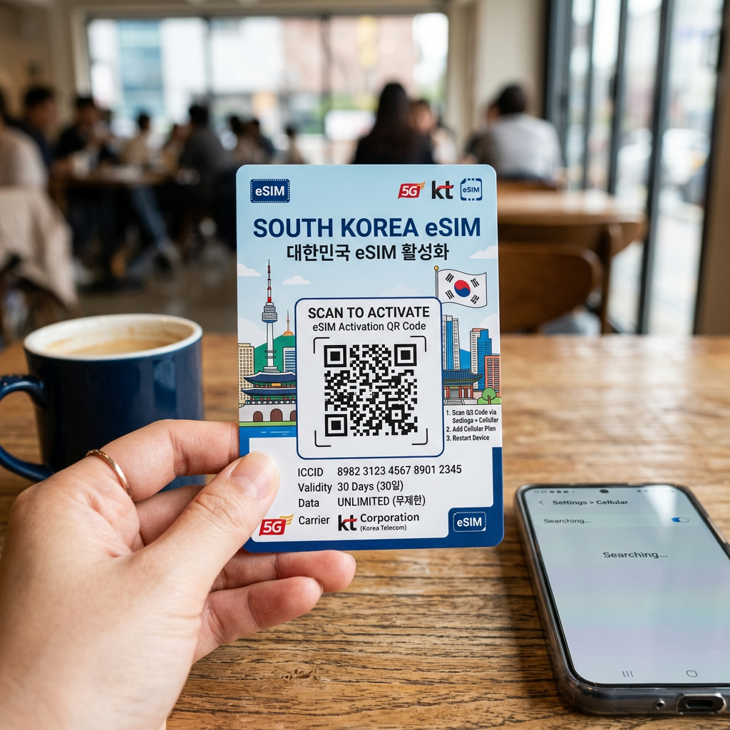 Hand holding South Korea eSIM activation card with QR code and mobile phone showing cellular settings
