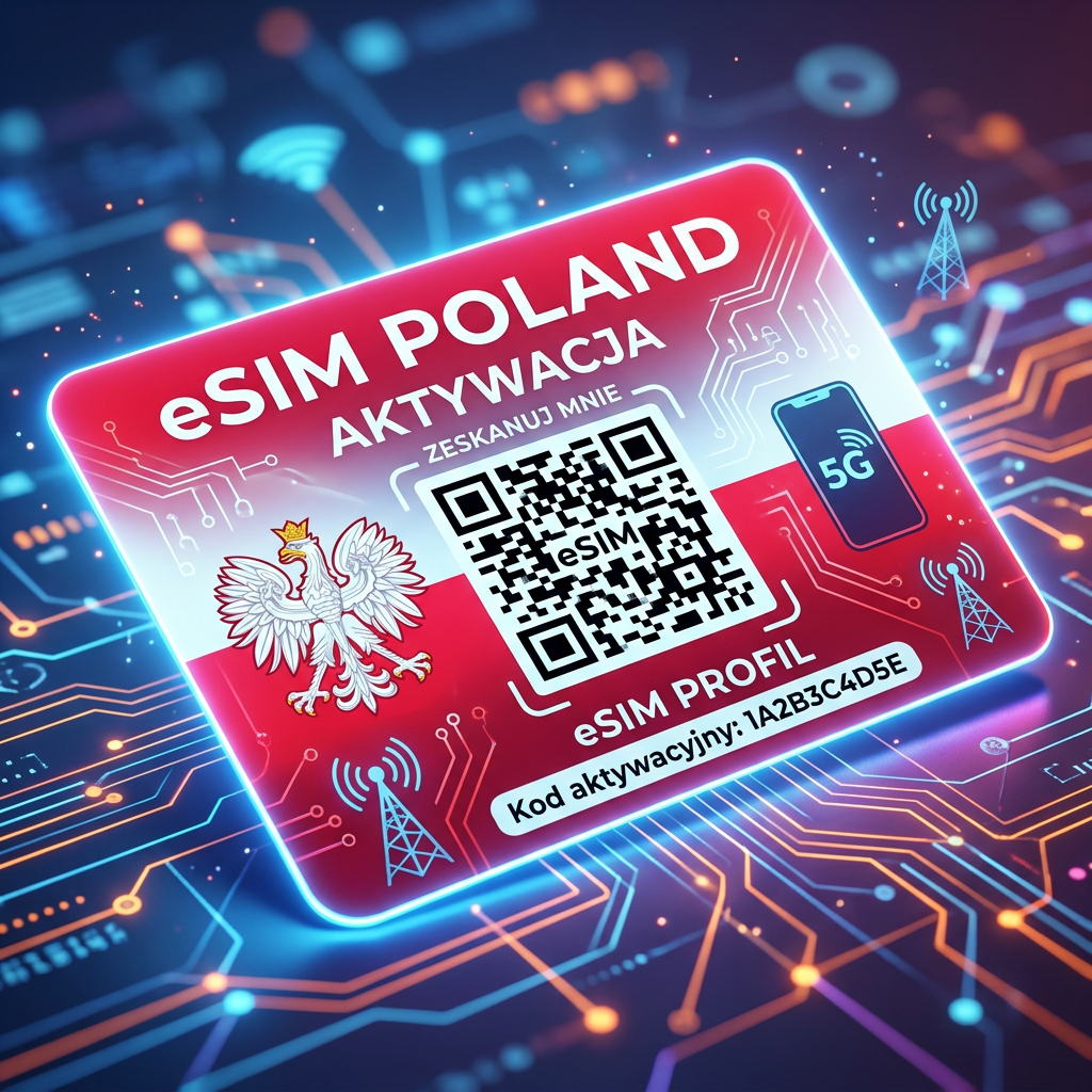 Poland eSIM card with QR code, activation code, and 5G icon