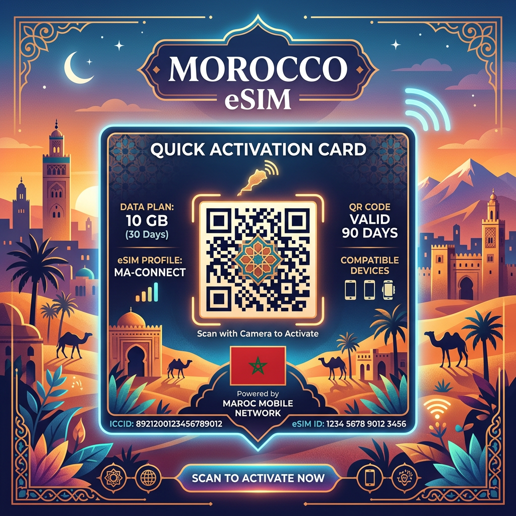 Morocco eSIM quick activation card with 10GB data plan, QR code, and validity details