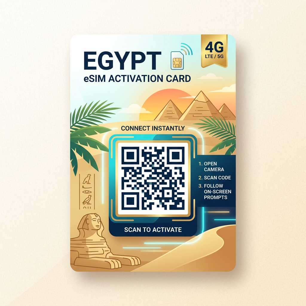 Egypt eSIM activation card with QR code, pyramids, and sphinx illustration