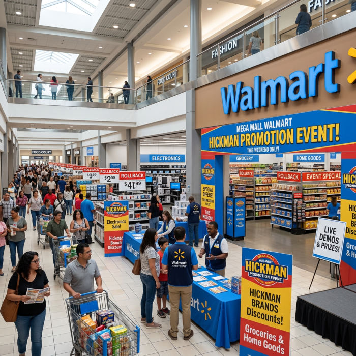 Busy Walmart store hosting Hickman promotion event with customer interactions and discounts